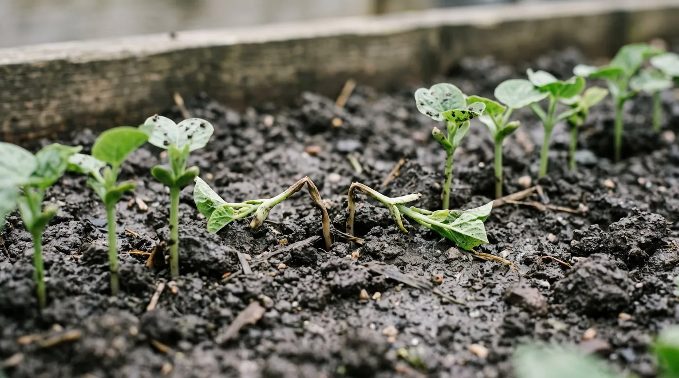 French bean seedlings collapsed with dark pinched stems at soil level from foot rot beside healthy ones