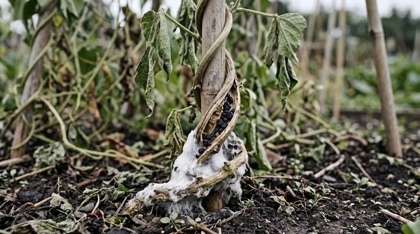 White fluffy mould on the stem base of a wilting runner bean plant with black lumps inside the stem