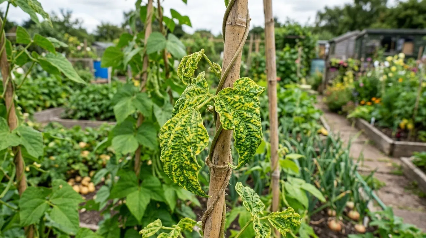 Bean leaves mottled light and dark green by bean mosaic virus