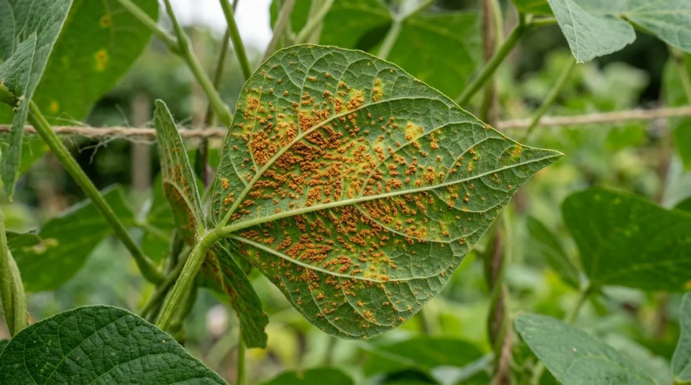 Bean rust pustules on a bean leaf