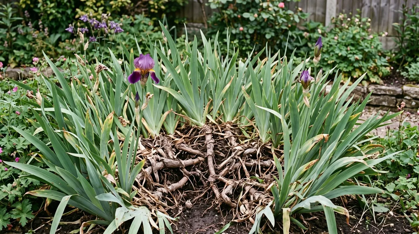 An overcrowded congested clump of bearded iris rhizomes with few flowers, showing the need for division