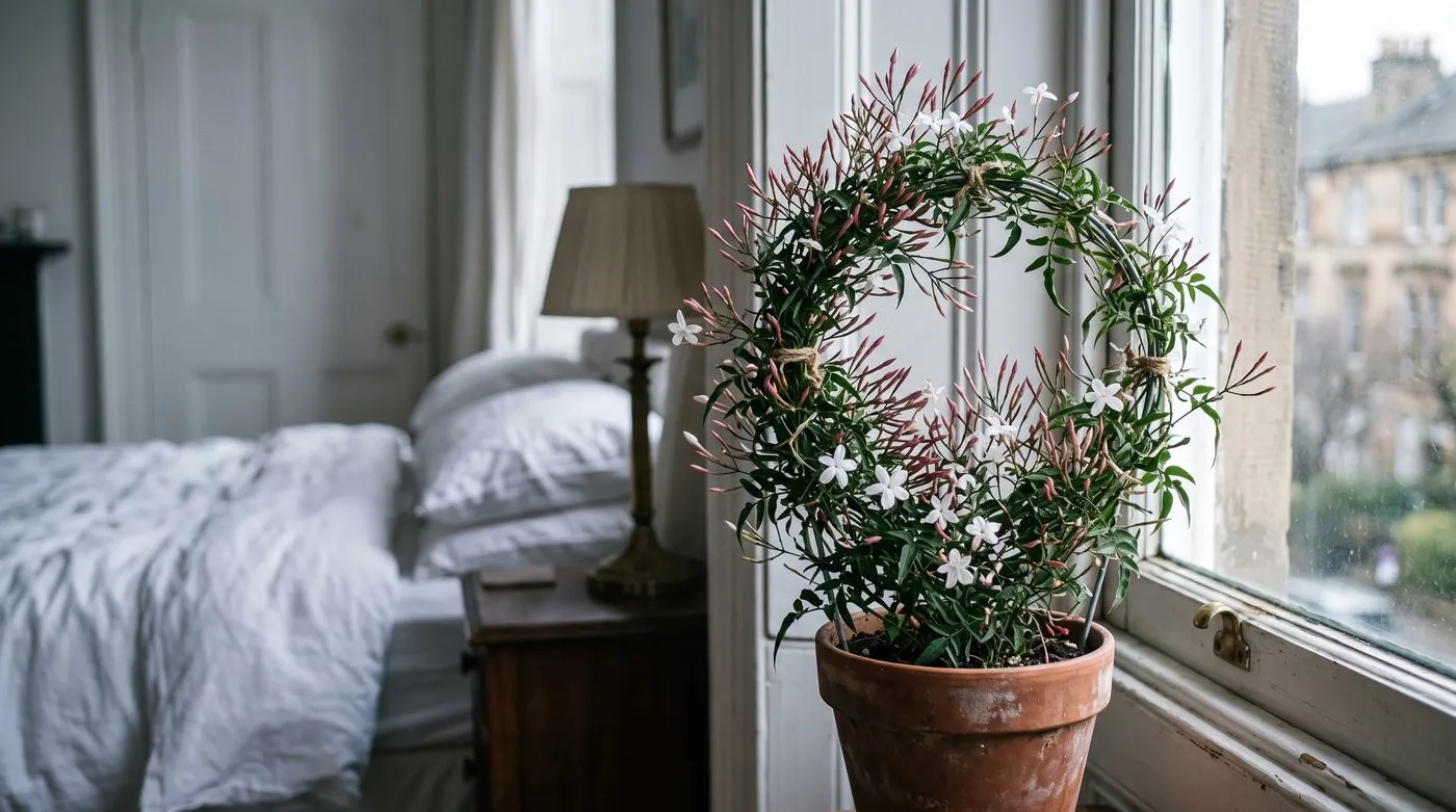 Jasmine with pink buds and white star flowers on a cool, bright bedroom windowsill in winter