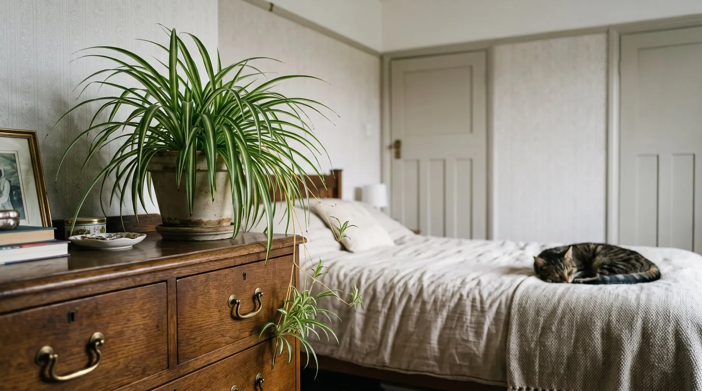 Spider plant with dangling babies on a bedroom chest of drawers, with a tabby cat asleep on the bed