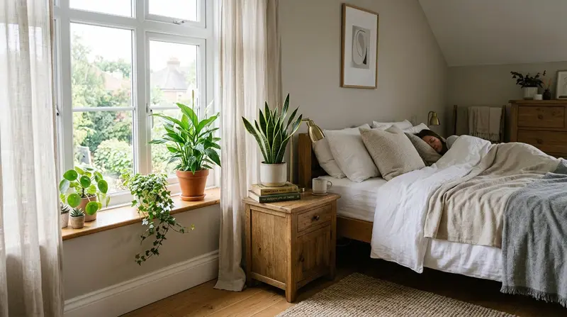 Peaceful UK bedroom with snake plant and peace lily on the nightstand in soft morning light