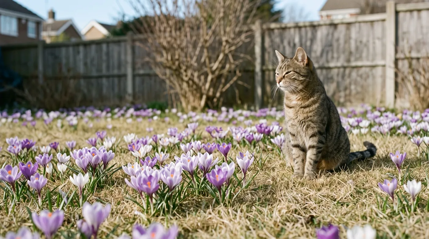 Cat on a suburban lawn studded with open purple crocus in February, the early spring forage UK bees need