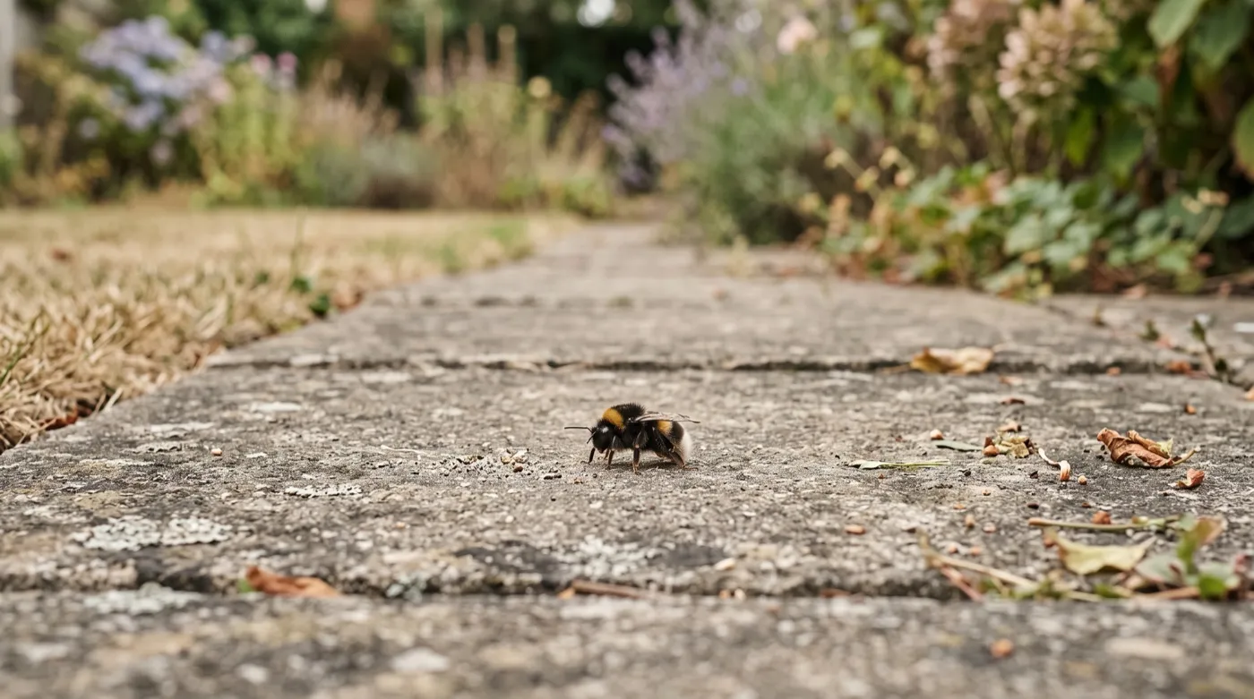 Bumblebee sitting motionless on a garden path, the sight that prompts most people to reach for sugar water