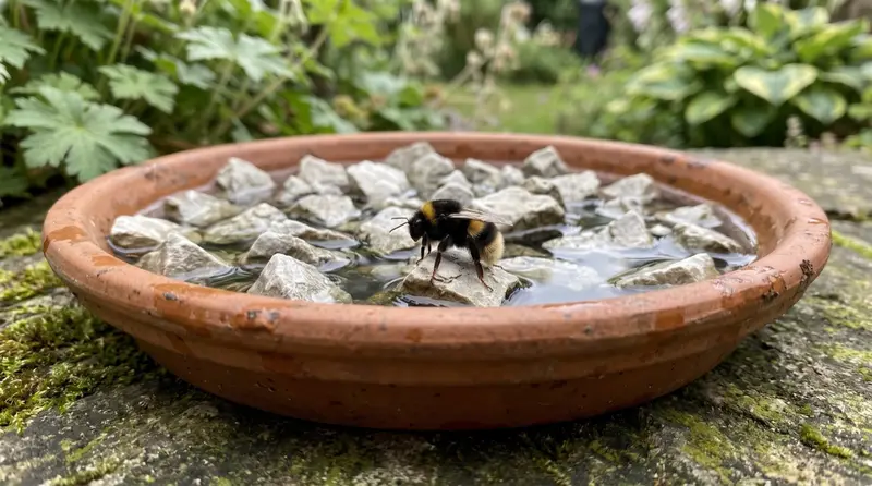 Bumblebee drinking from a shallow pebble-filled water dish in a UK garden, the alternative to a sugar water bee bar
