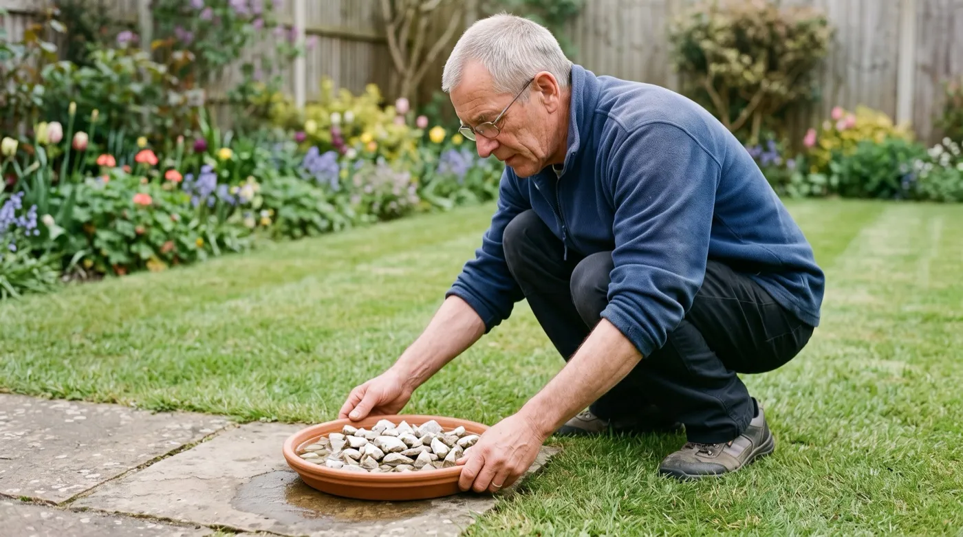 Gardener setting out a shallow terracotta saucer packed with angular grit, a correctly built UK bee water station