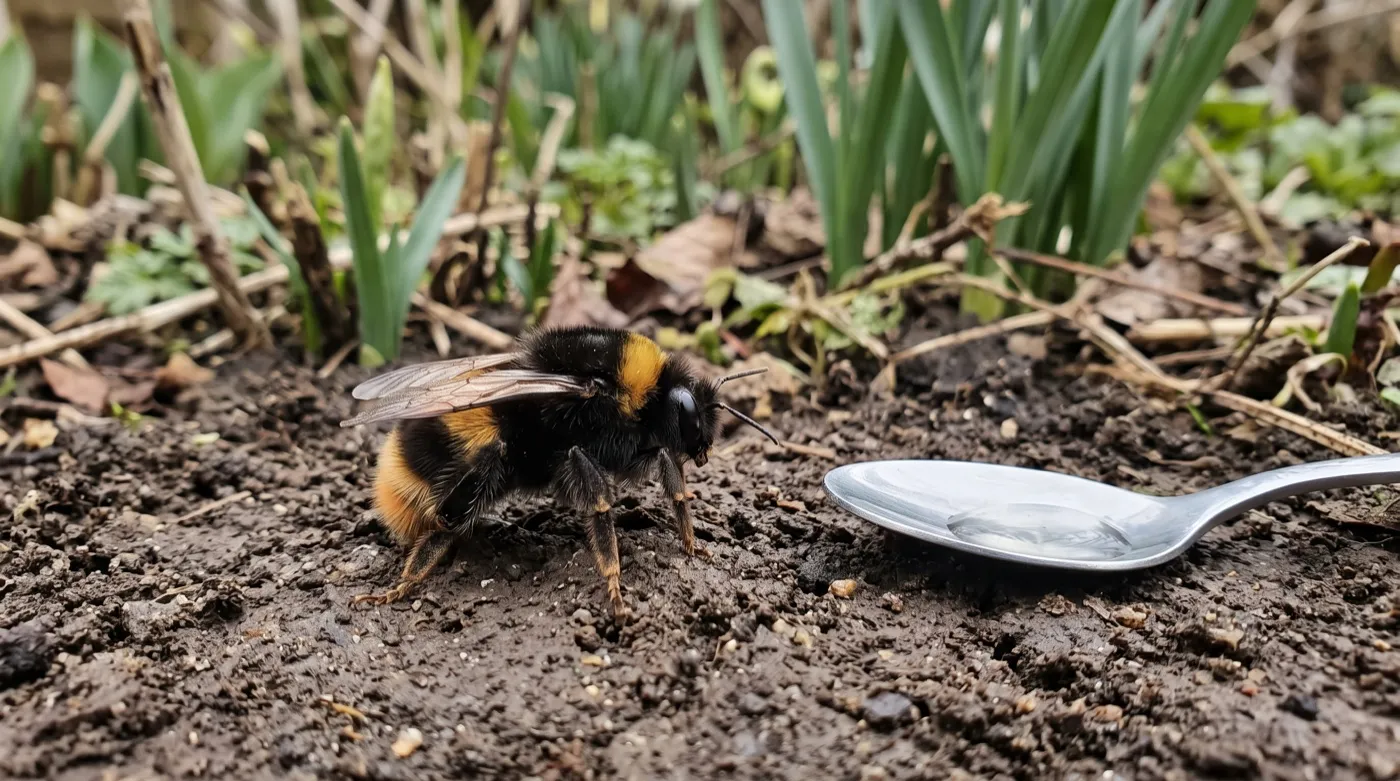 Bumblebee queen on cold bare soil in early spring, the one case where a single drop of sugar water is justified