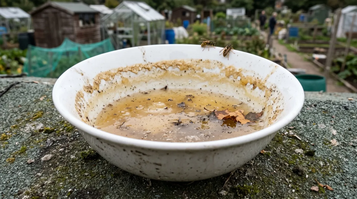 Neglected open bowl of sugar solution going cloudy on a shed roof in a UK garden, the usual end state of a bee bar