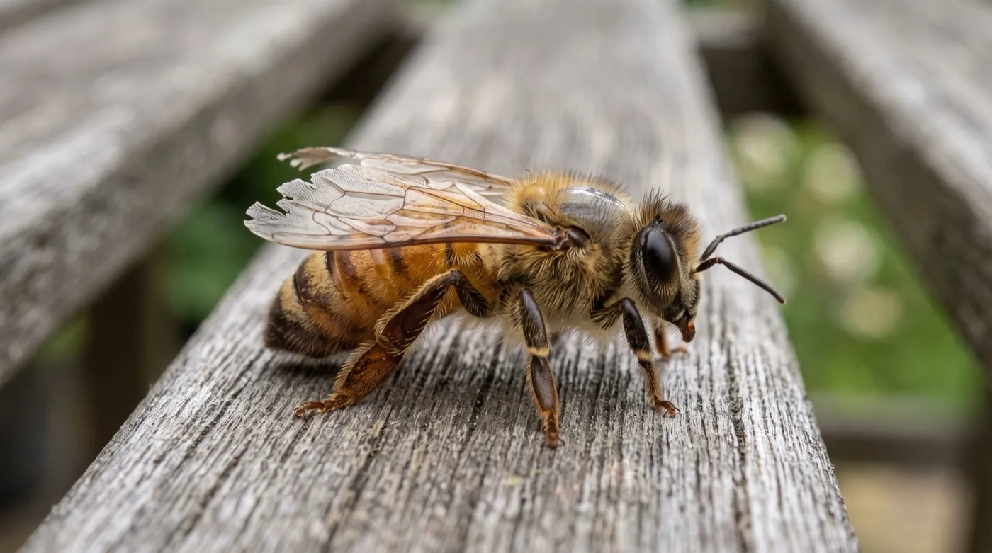 Macro detail of a worn honeybee with frayed wing edges and a bald thorax, the signs of an old forager at the end of its life