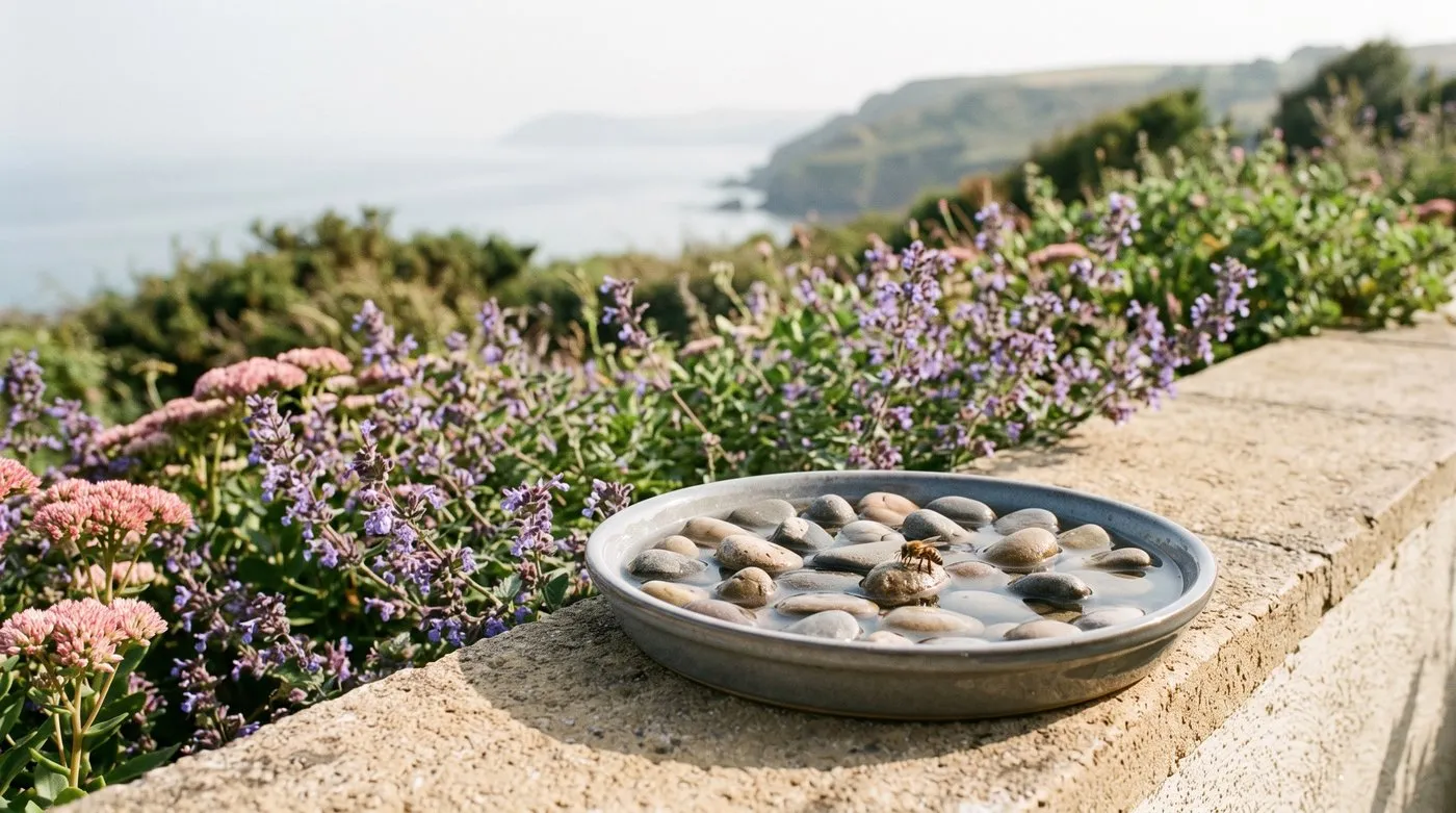 Shallow saucer of pebbles and water on a sunny low wall beside a flowering border, with a honeybee drinking