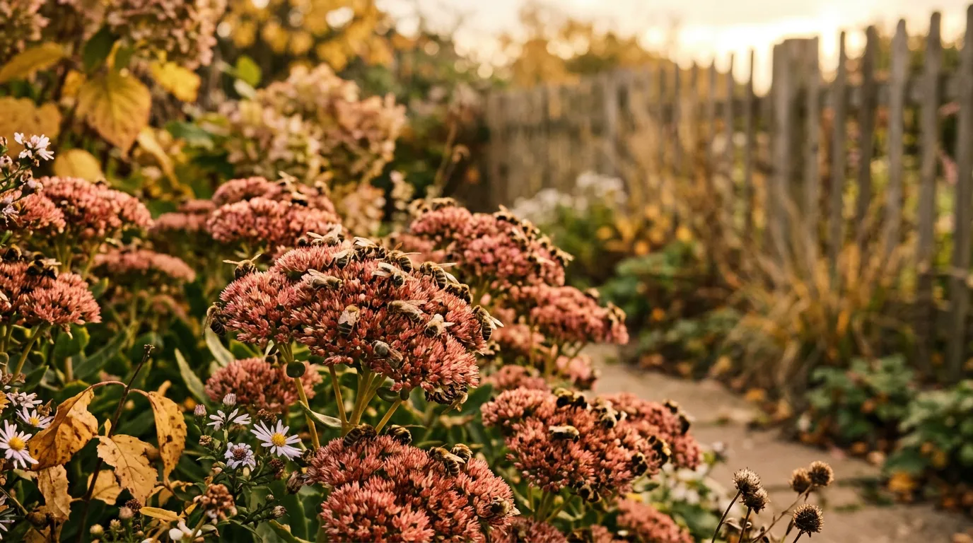 Sedum Autumn Joy flower heads in warm golden October light in a British garden