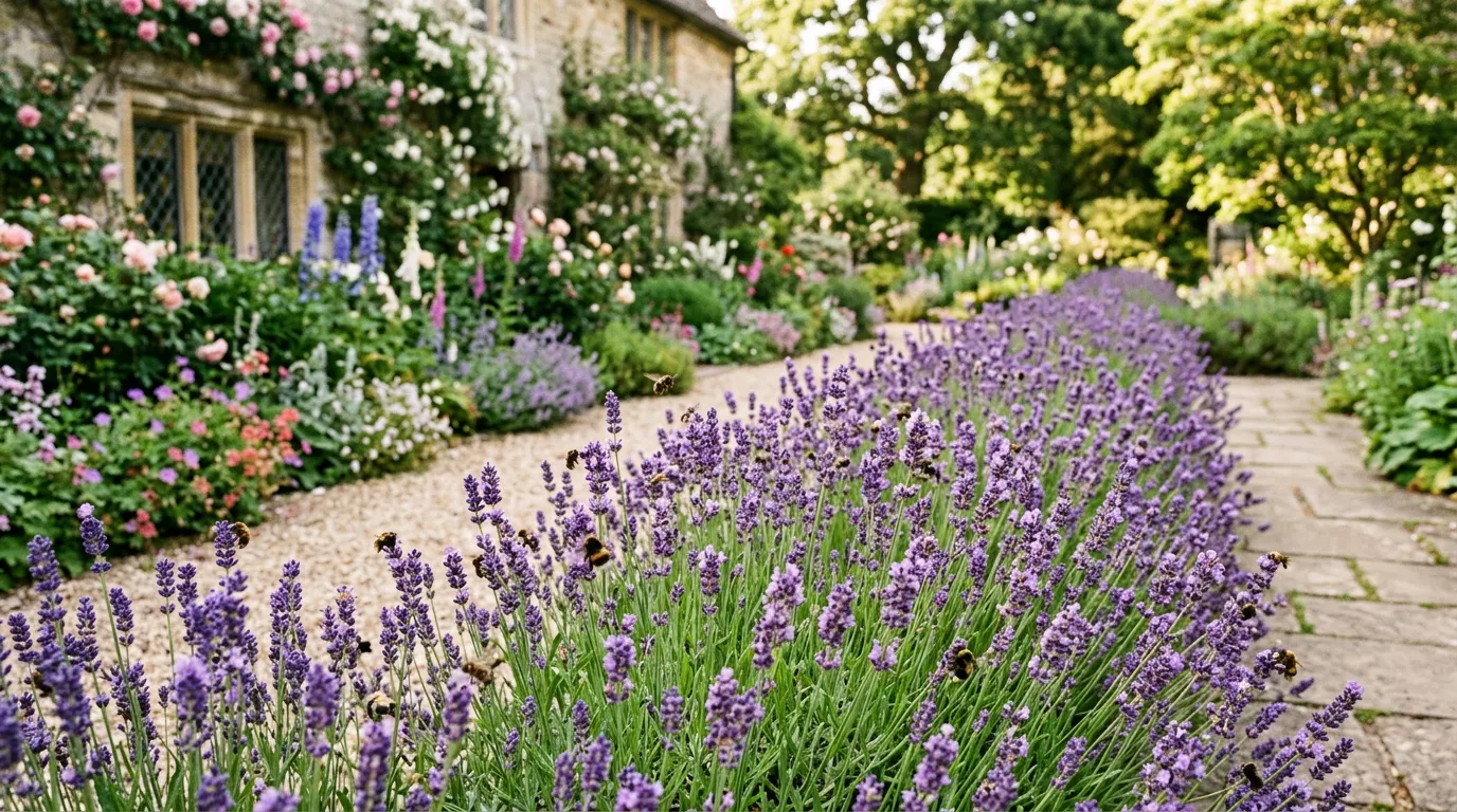 Lavender hedge in full bloom with bees in an English cottage garden setting