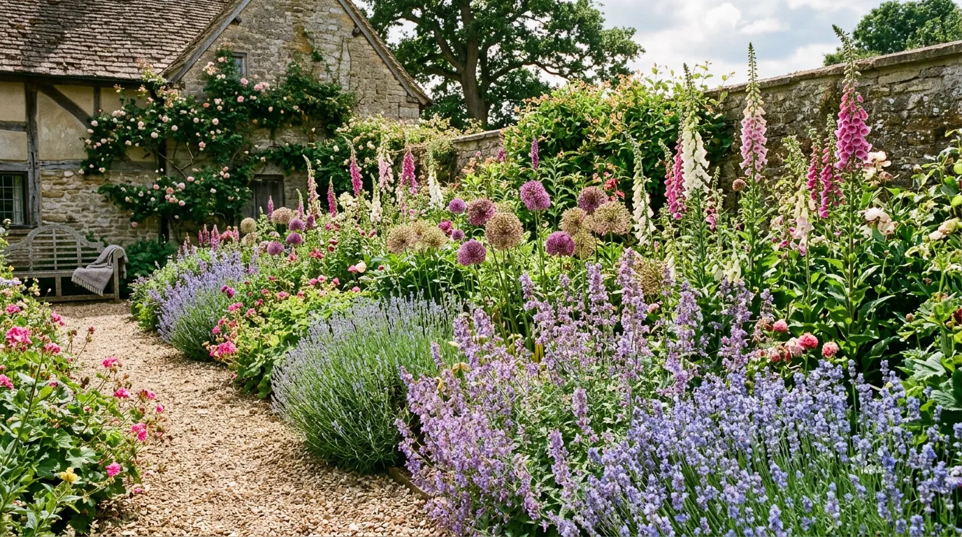 Mixed cottage garden border densely planted with foxgloves, catmint, alliums and lavender