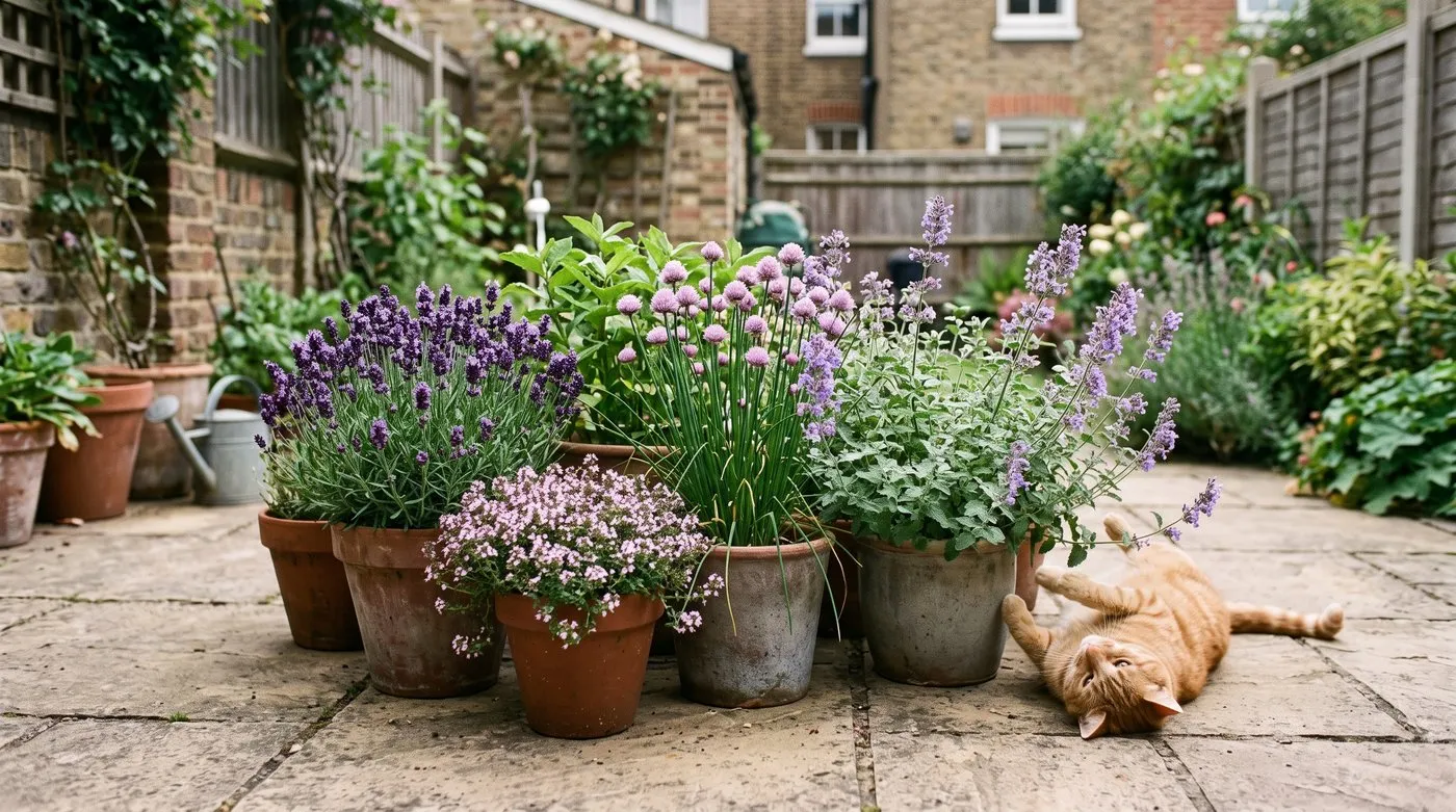 Pots of lavender, thyme, chives and catmint grouped on a sunny patio for bees, with a ginger cat beside the catmint