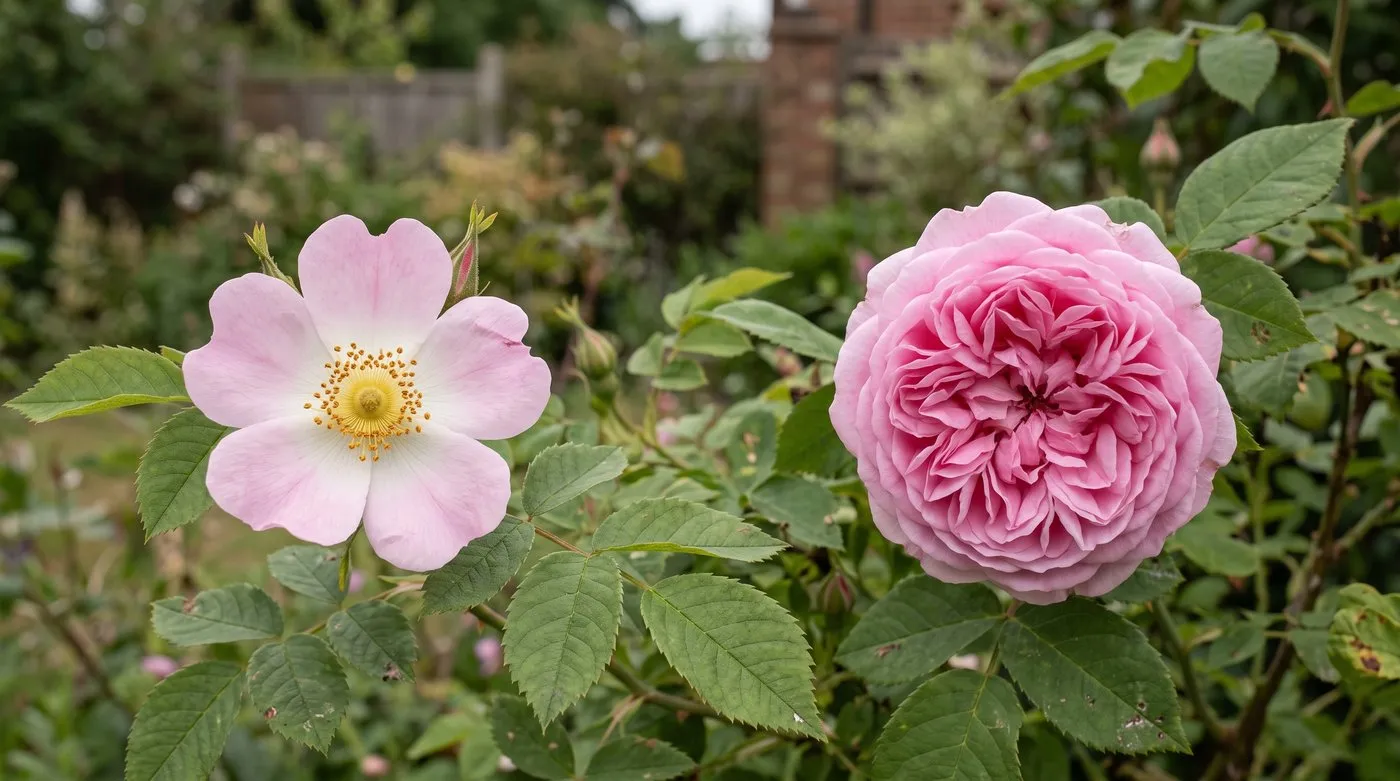 Single dog rose with open golden stamens beside a double rose with hidden centre, showing which is bee-friendly