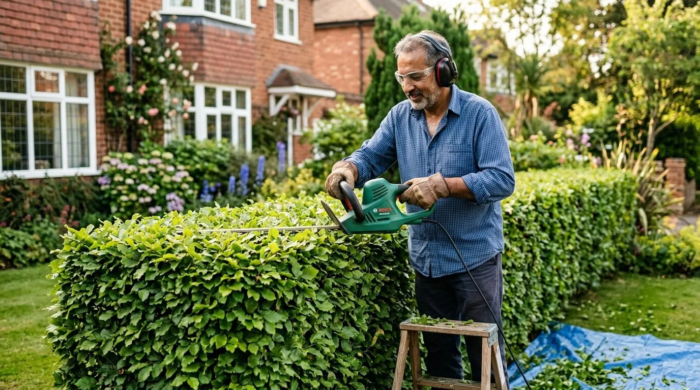 Established garden hedge being trimmed