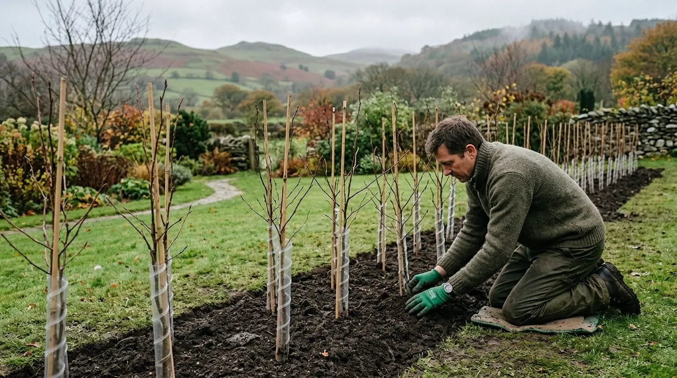 Bare-root beech hedge whips planted in a staggered double row with canes and spiral guards in a Welsh garden