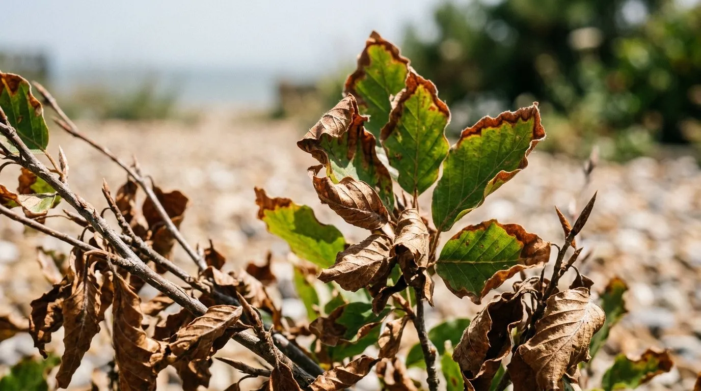 Brown drought-scorched beech hedge leaves in close-up during a summer heatwave in a coastal garden