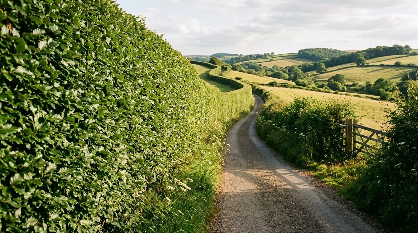Tall mature beech hedge boundary along a Devon country lane in late summer