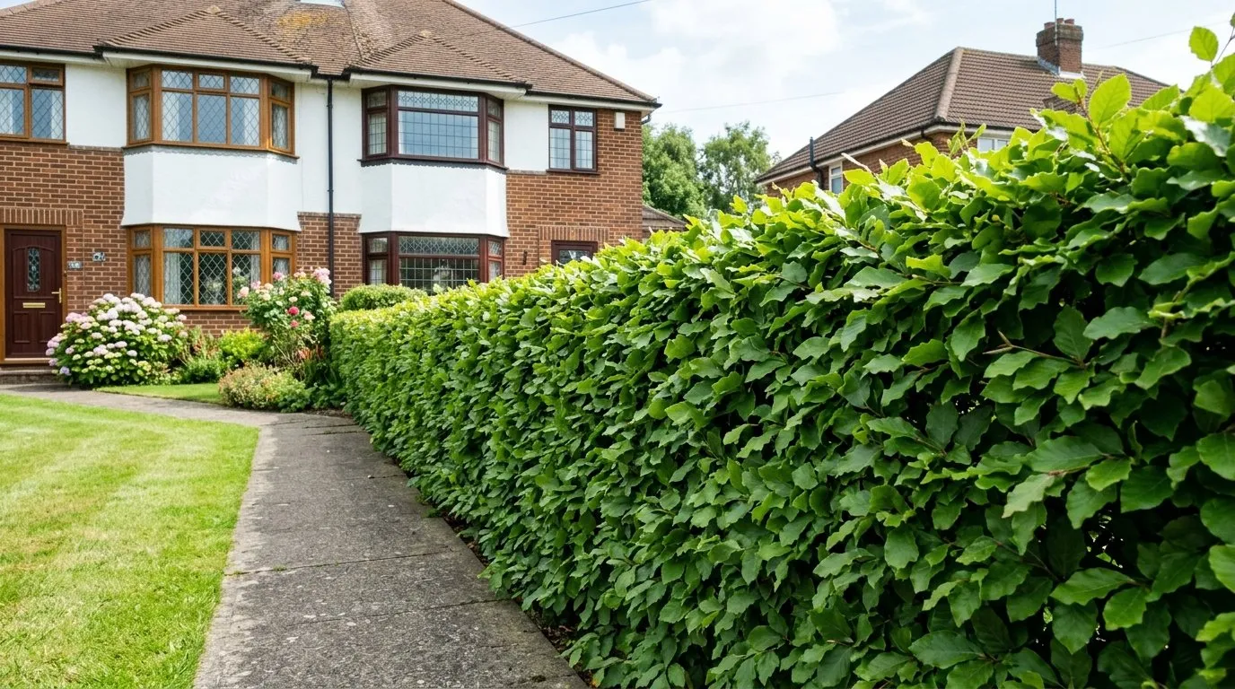 Clipped green beech hedge screening a suburban front garden in summer