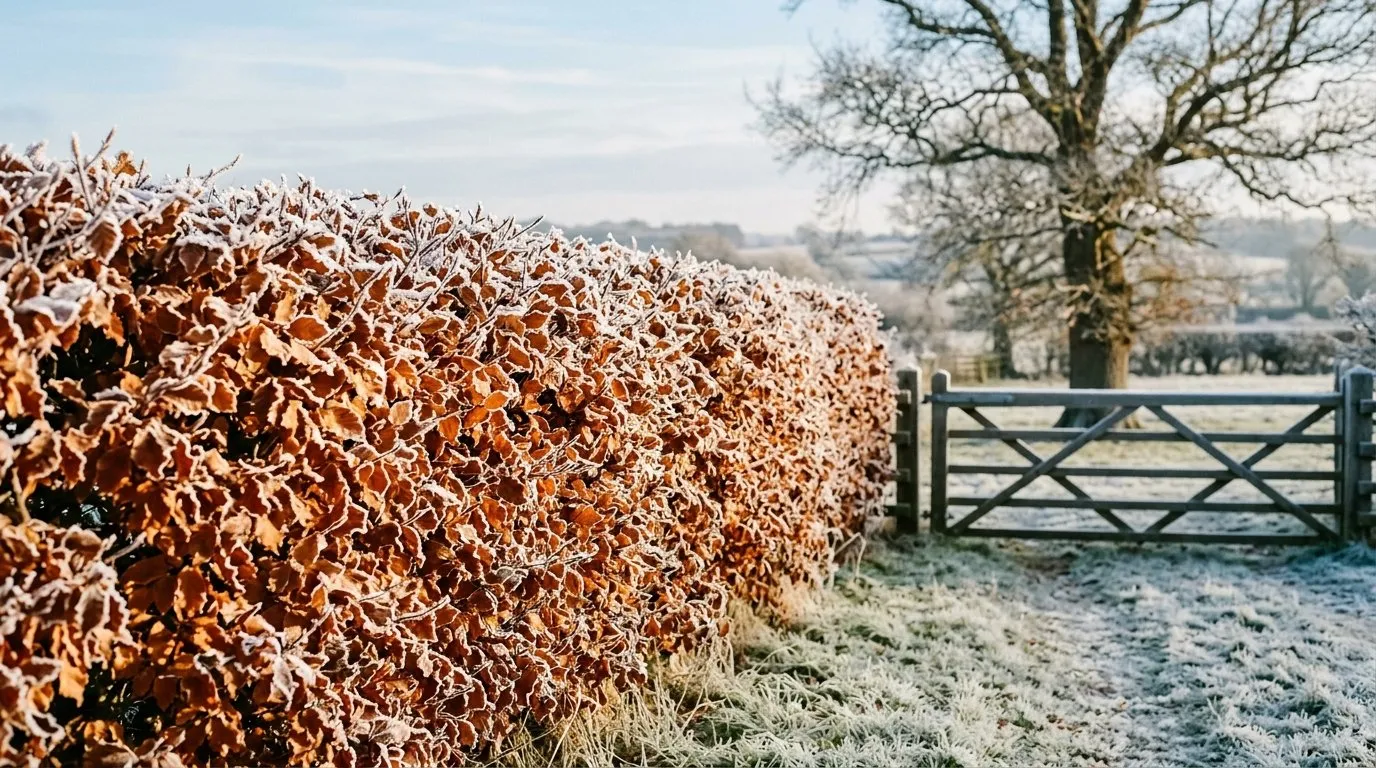 Beech hedge in winter holding copper brown leaves under frost on a rural Staffordshire boundary