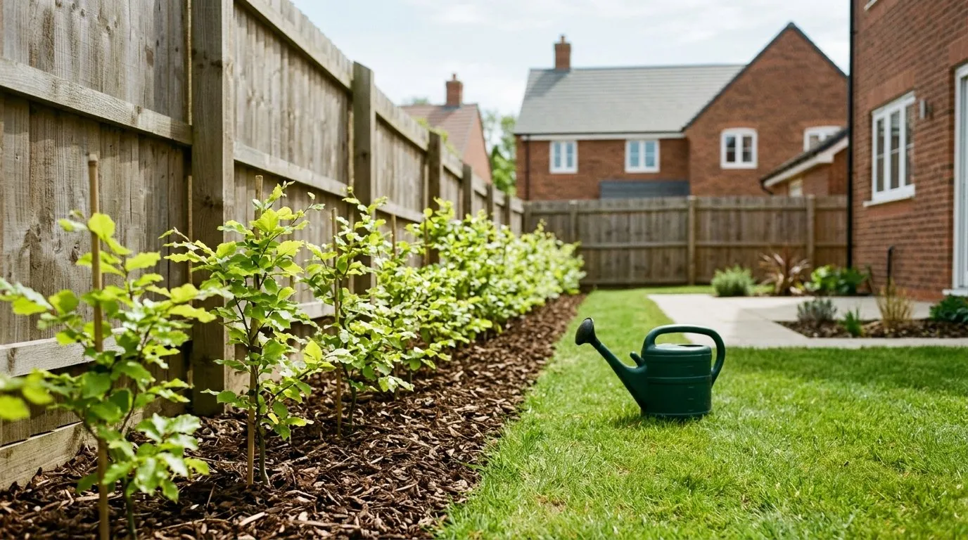 Young beech hedge with a fresh bark mulch strip in a new-build estate garden in the Midlands