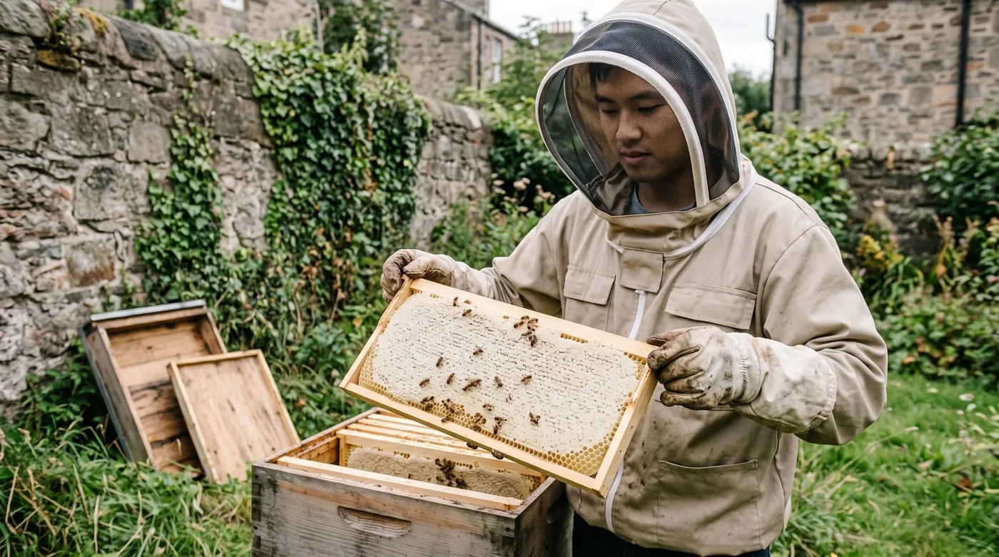 Beekeeper holding up a frame of capped honeycomb beside an open hive