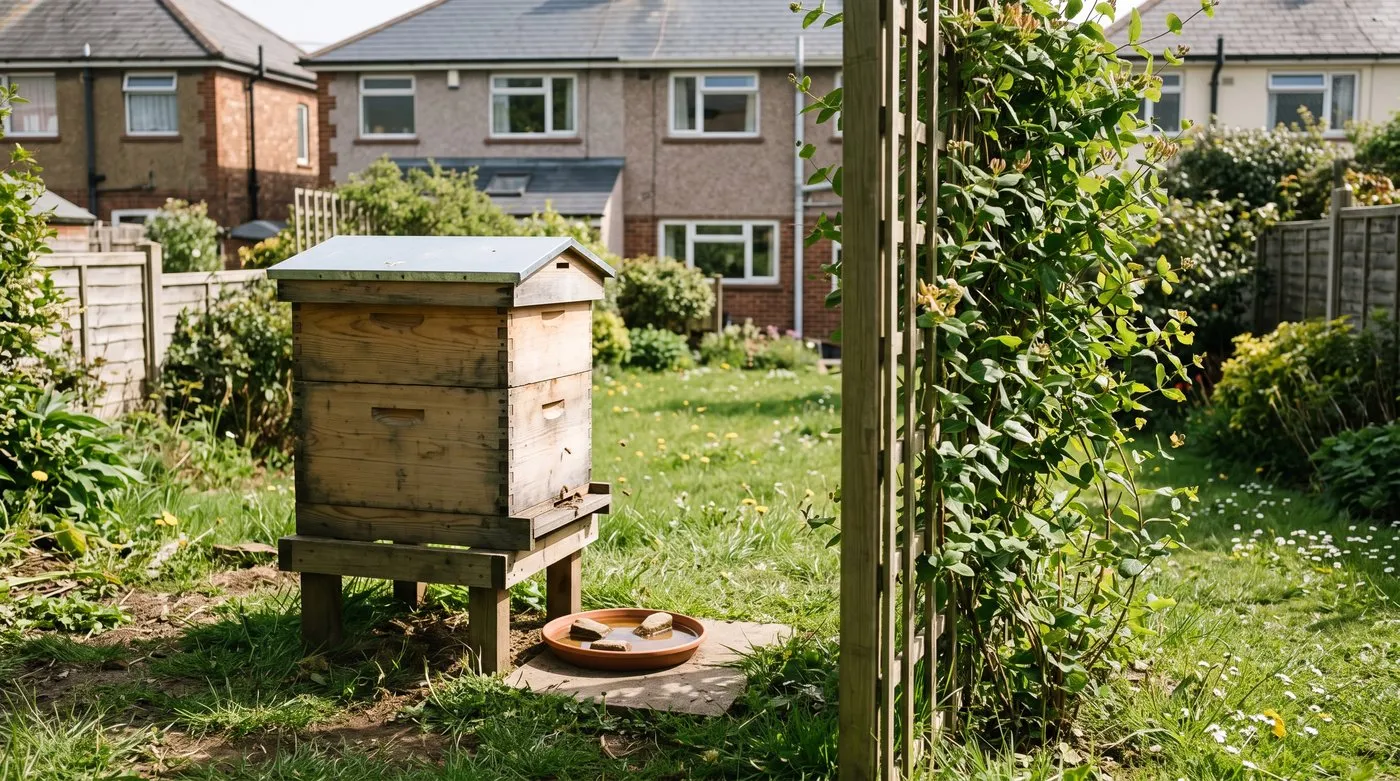 Wooden beehive on a stand in a sunny garden corner, with a tall honeysuckle trellis nearby and a water dish beside it