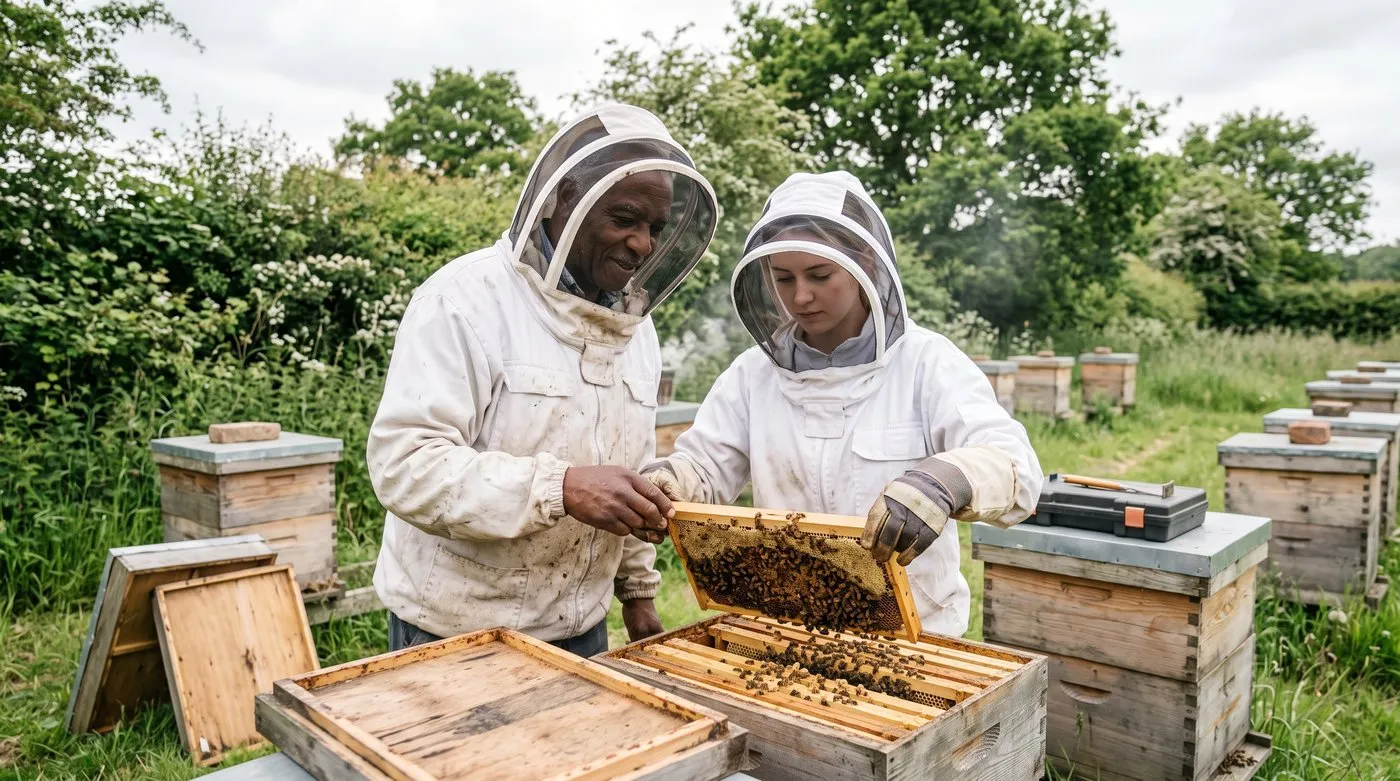Experienced beekeeper showing a beginner how to hold a frame of bees at a teaching apiary