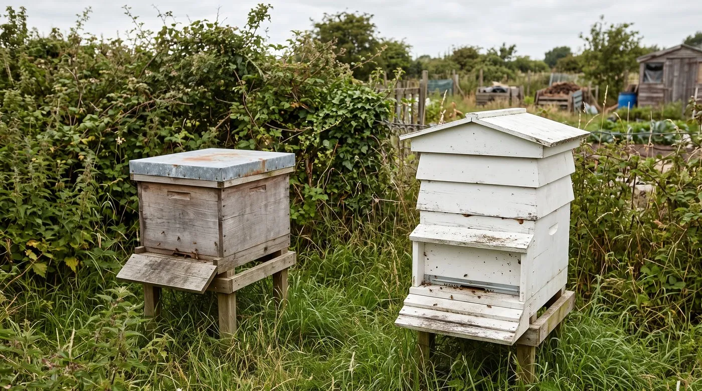 Plain square National hive beside a white WBC hive with a pitched roof on an allotment