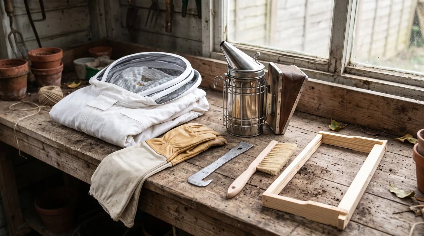 Bee suit with veil, gloves, smoker, hive tool, bee brush and an empty frame on a wooden bench