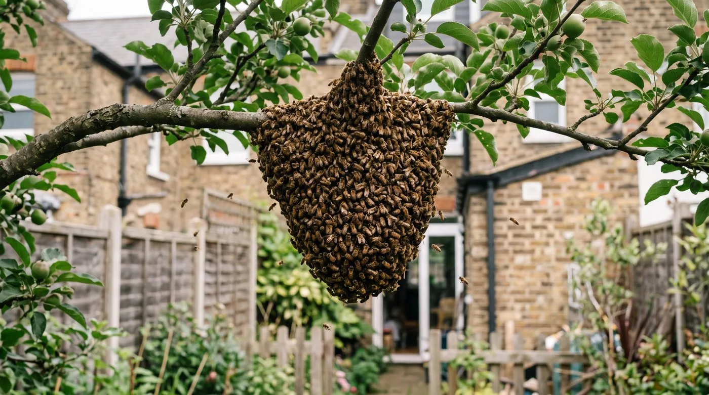 Swarm of honey bees hanging in a dense cluster from a low apple tree branch