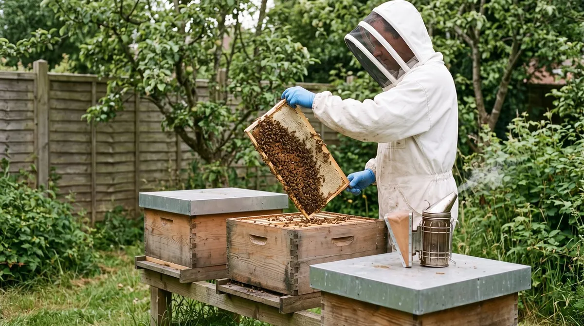 Beekeeper in a white suit lifting a brood frame covered in honey bees from a hive at the end of a garden