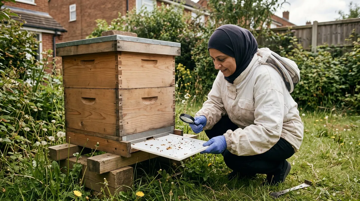 Beekeeper sliding a monitoring board out from under a hive to count fallen varroa mites