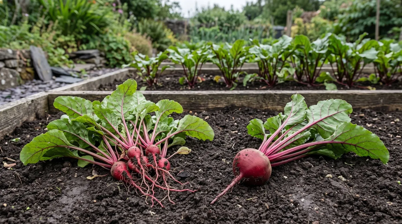 Crowded beetroot seedlings with spindly roots beside a single well-grown round beetroot from a thinned row