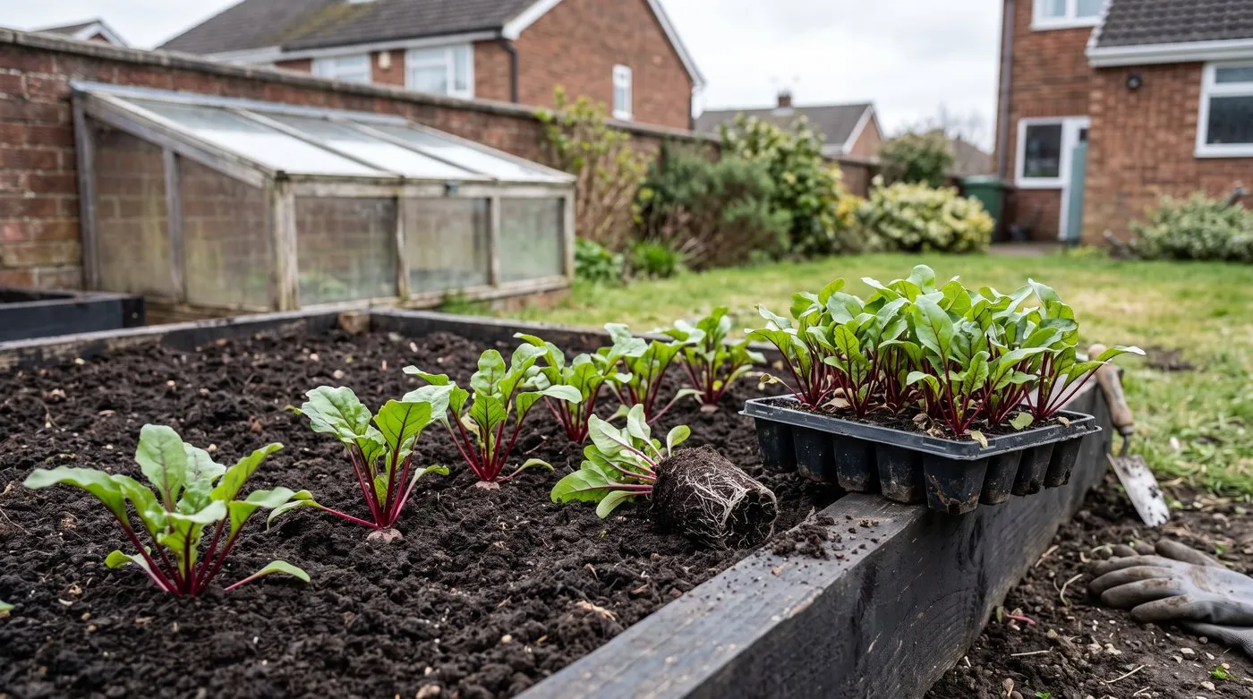 Multi-sown beetroot seedlings in a module tray beside clumps planted out in a raised bed