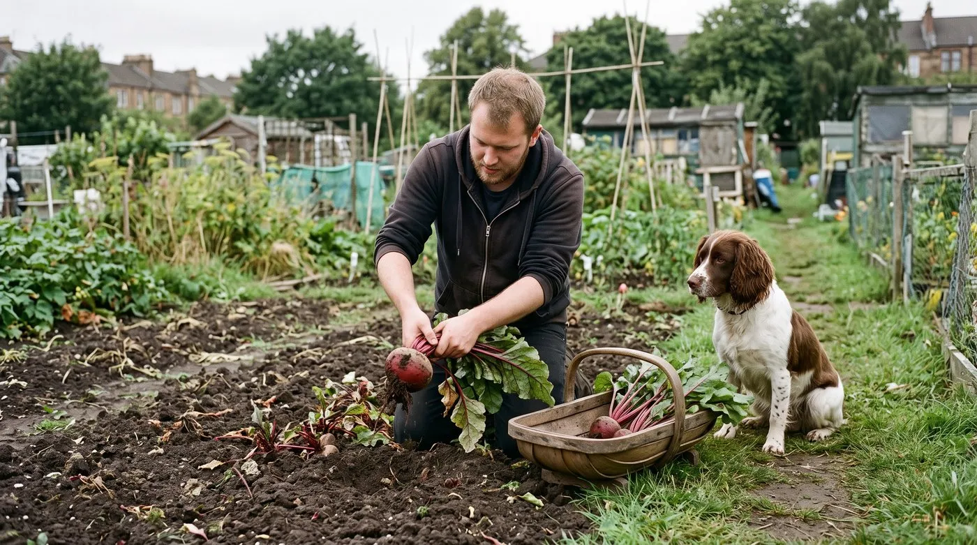 Man pulling a round beetroot from an allotment row while a spaniel watches from the path