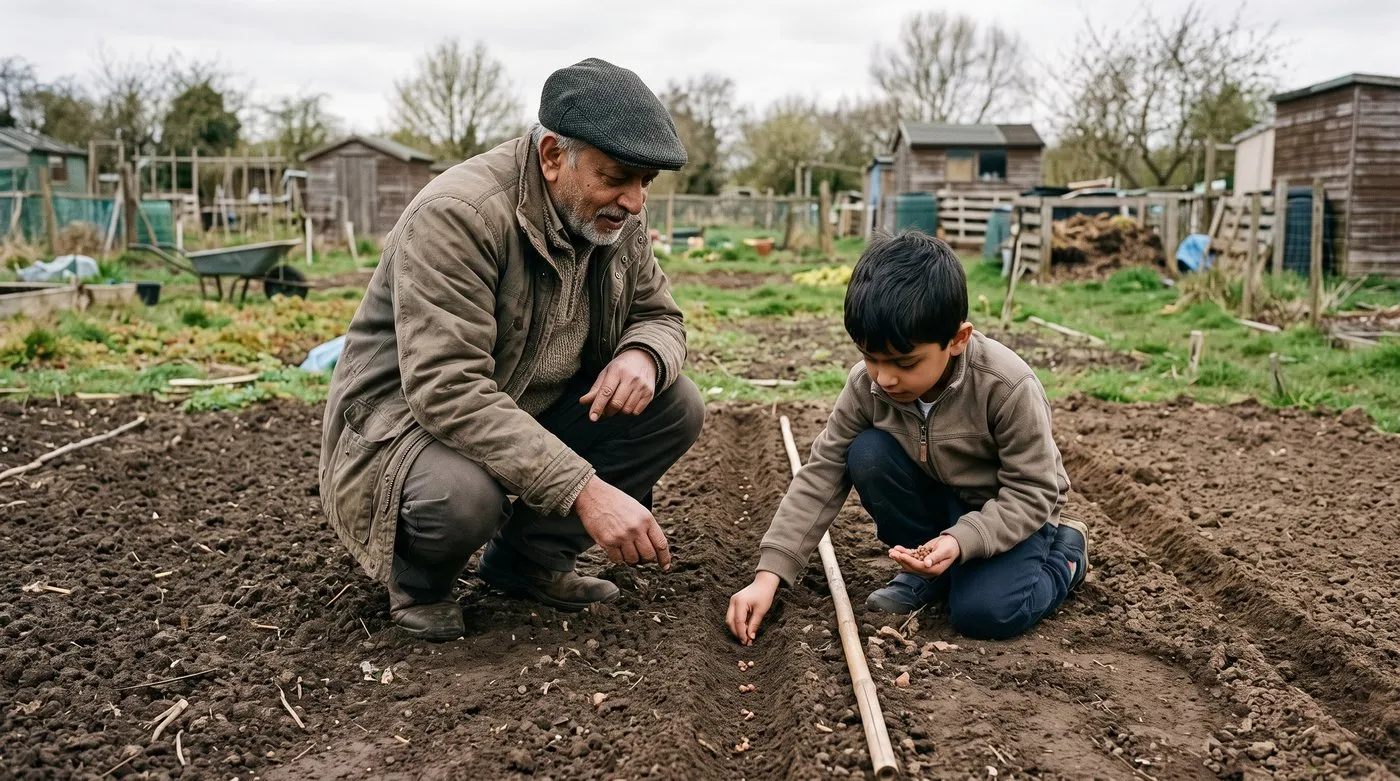 Grandfather and grandson sowing beetroot seed clusters 10cm apart in a shallow drill on an allotment