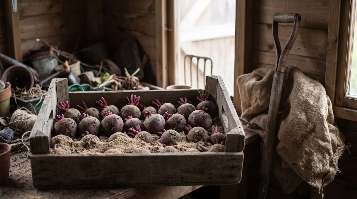 Unwashed beetroot layered in a wooden crate of dry sand in a garden shed for winter storage