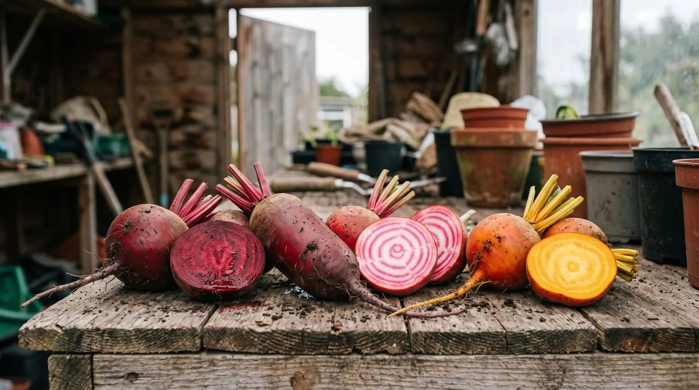 Beetroot varieties on a bench, including a sliced Chioggia with pink rings, a golden root and a long Cylindra