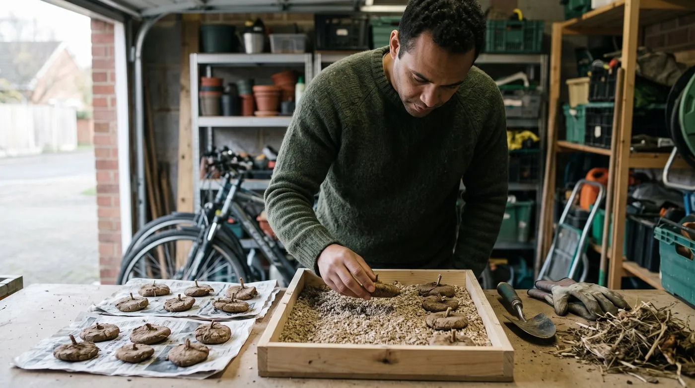 Man laying dried begonia tubers in a tray of vermiculite in a garage for winter storage