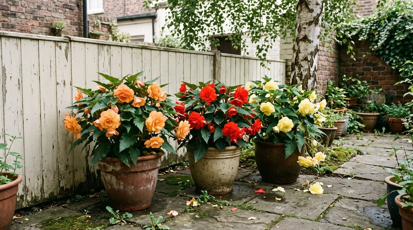 Tuberous begonias with big double flowers in pots in dappled shade beside a fence in a city courtyard