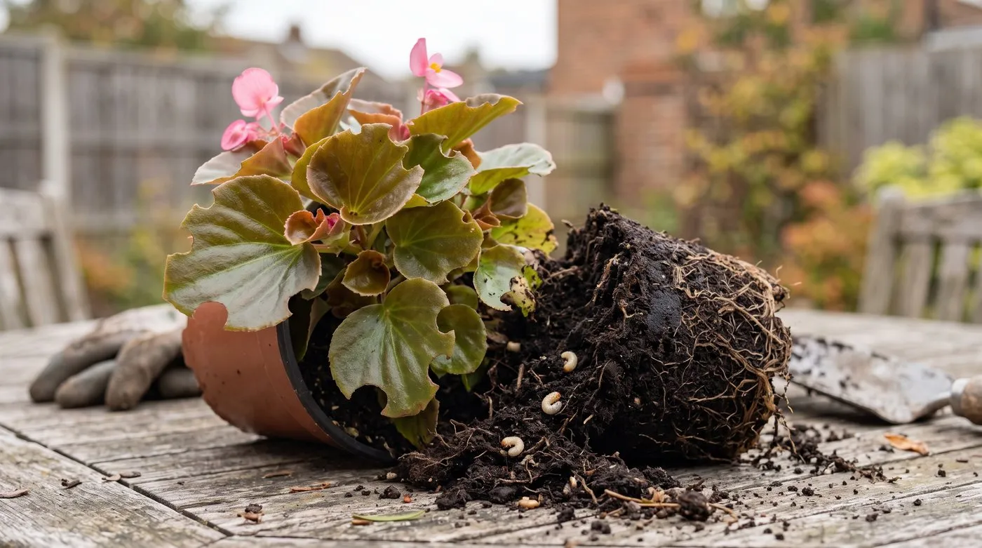 Begonia leaves with U-shaped vine weevil notches beside a rootball showing white C-shaped grubs