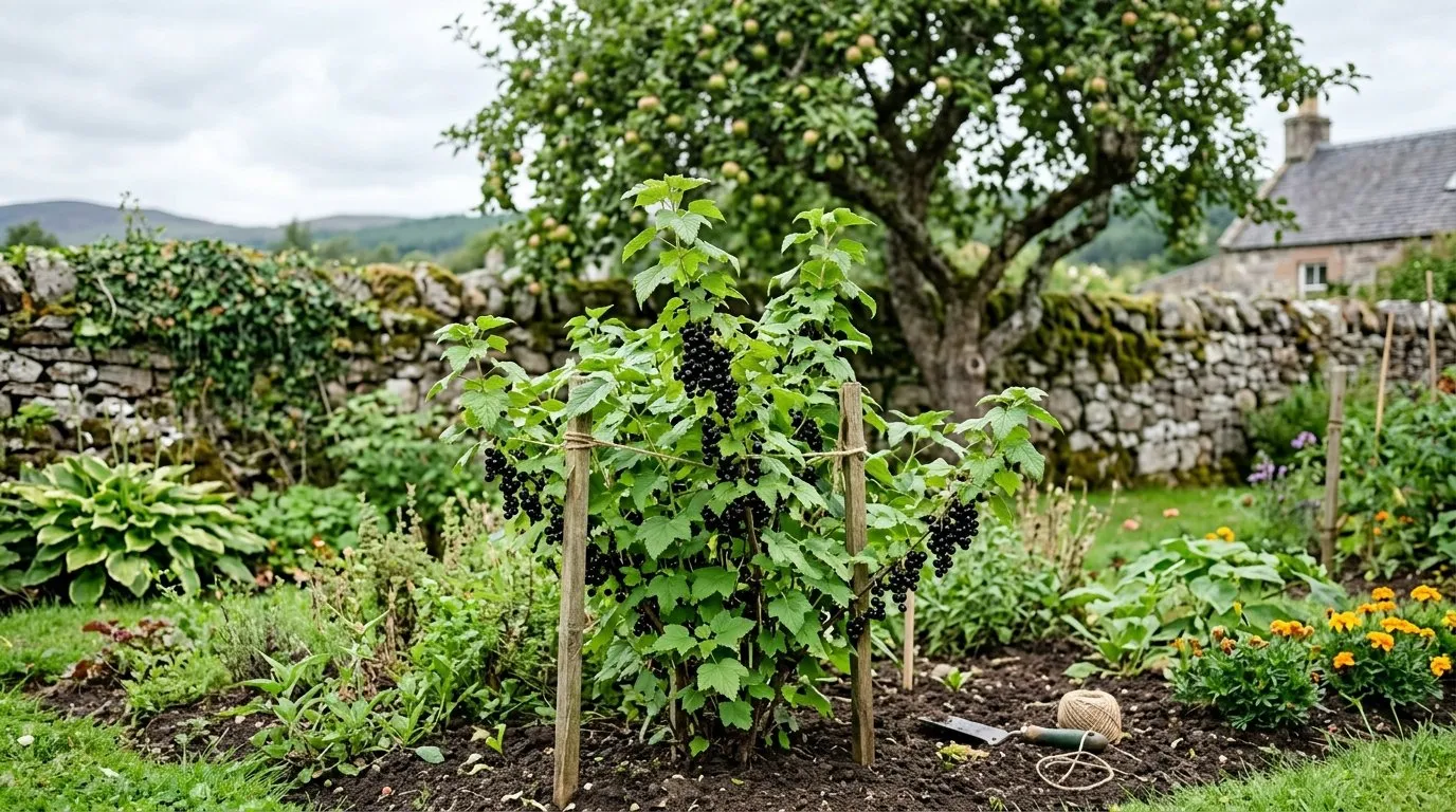 Ben Hope blackcurrant bush in a Scottish kitchen garden showing healthy mildew-resistant foliage