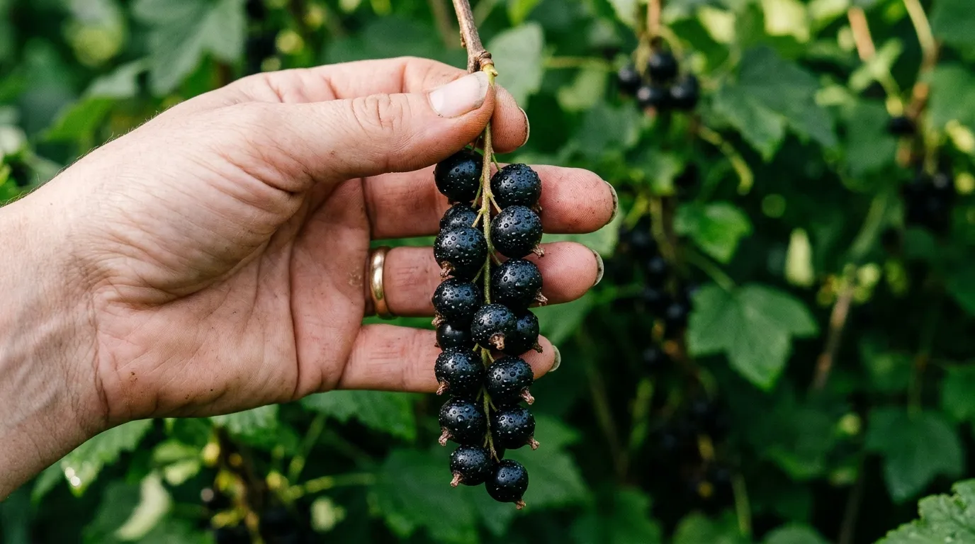 Ben Lomond blackcurrant fruit clusters on the bush, large 13mm berries on a UK kitchen garden plant ready for harvest