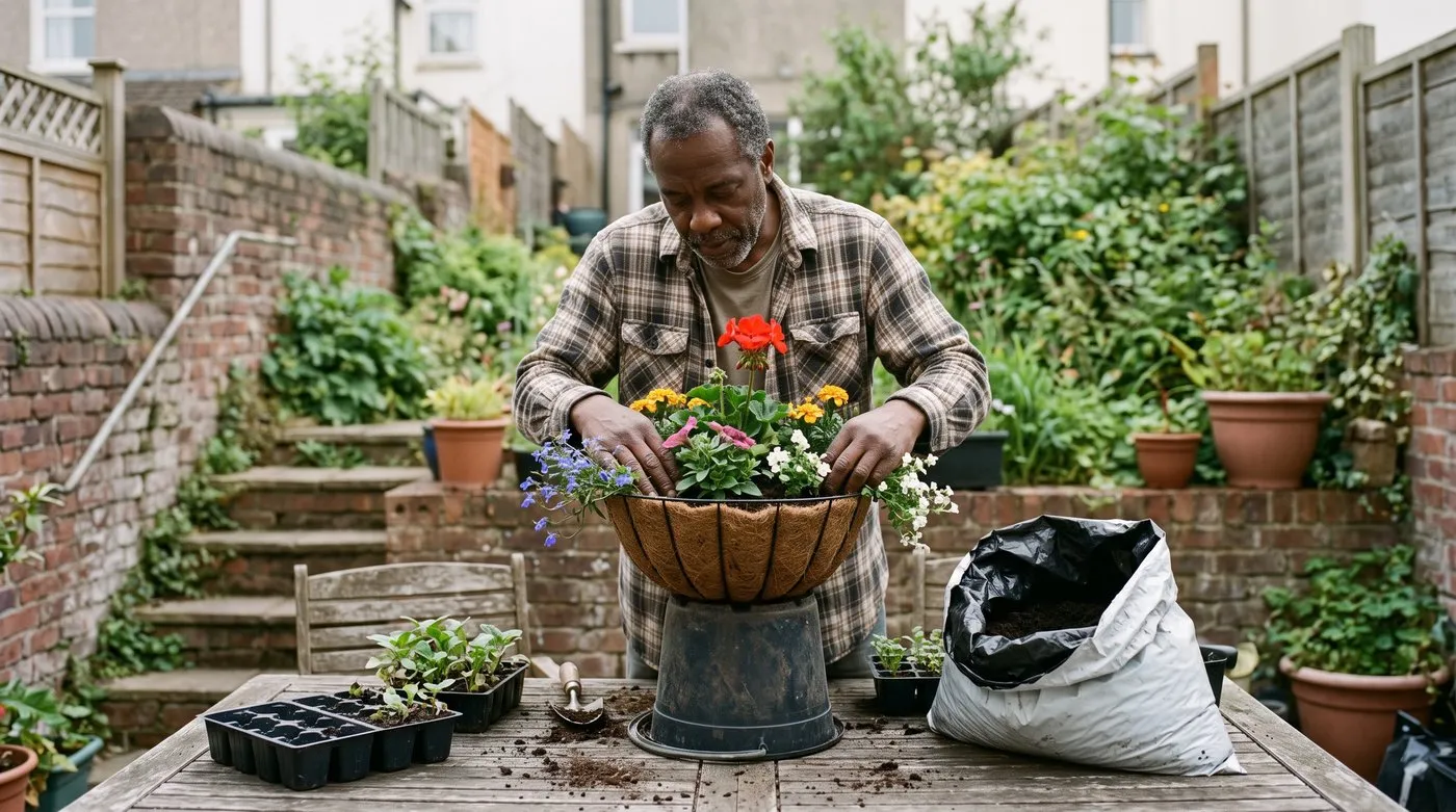 Man planting a hanging basket with a geranium, petunias, marigolds and trailing lobelia bedding plants