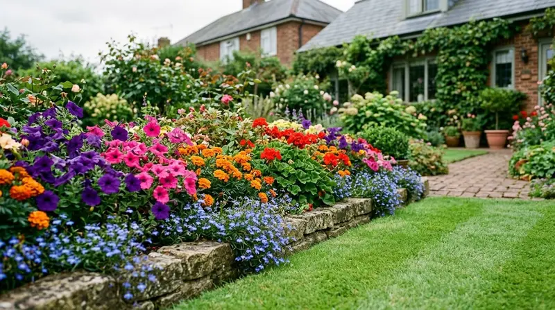 Colourful annual bedding plants in a UK garden border with petunias, marigolds and lobelia