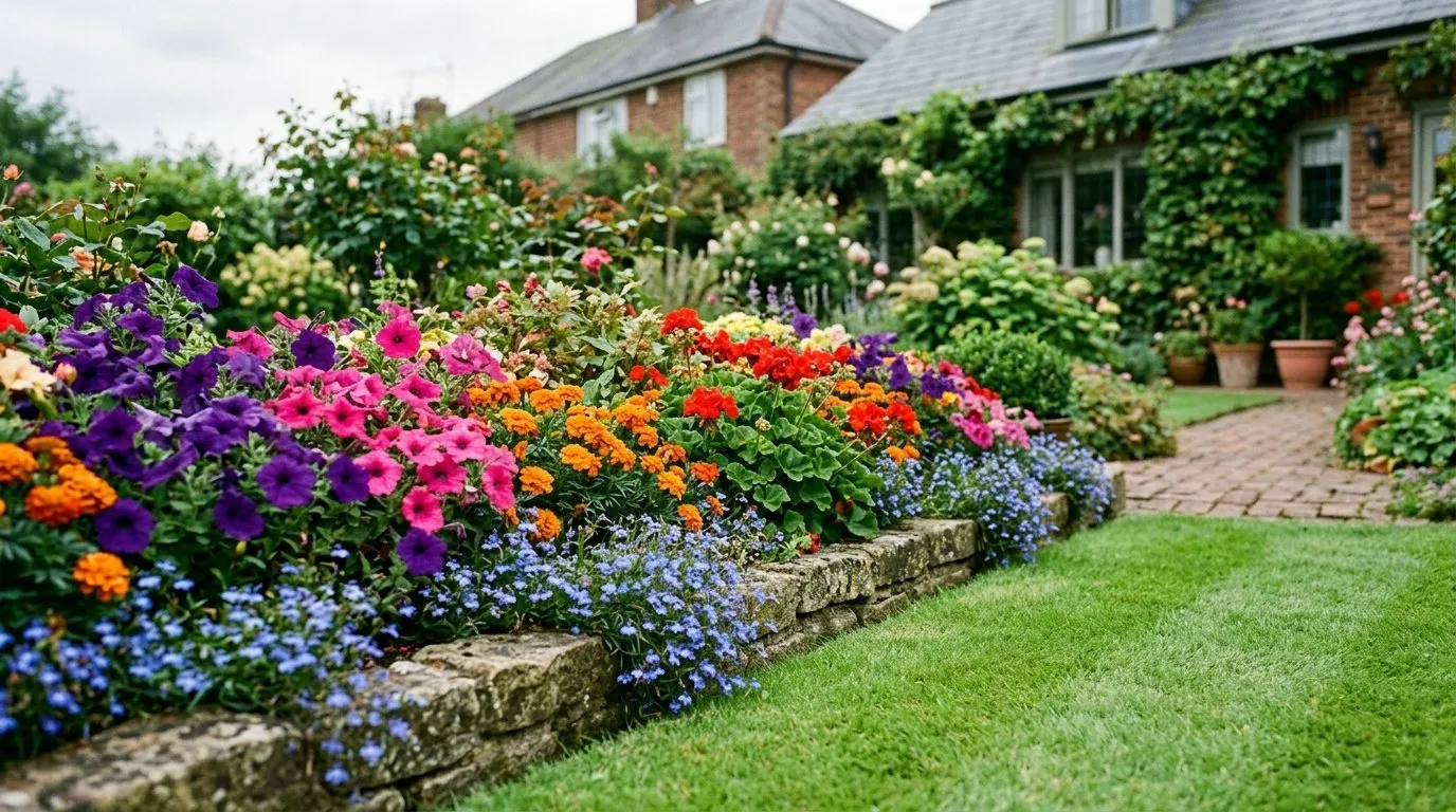 Colourful annual bedding plants in a UK garden border with petunias, marigolds and lobelia